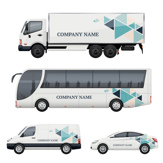 Vektor fahrzeugmarke. transport, der realistisches modell des bus-lkw-packwagens annonciert