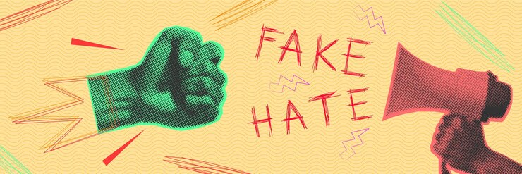 Vektor fake news hassen trendige vintage-collage-konzeption mit halbtöniger faust