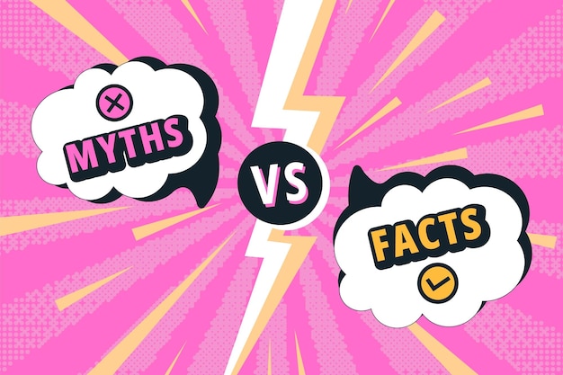 Fakten gegen Mythen Schlacht Mythos Sprachblase und Faktenrahmen mit vs Blitz Trennstoff Comic-Stil Vektor-Banner