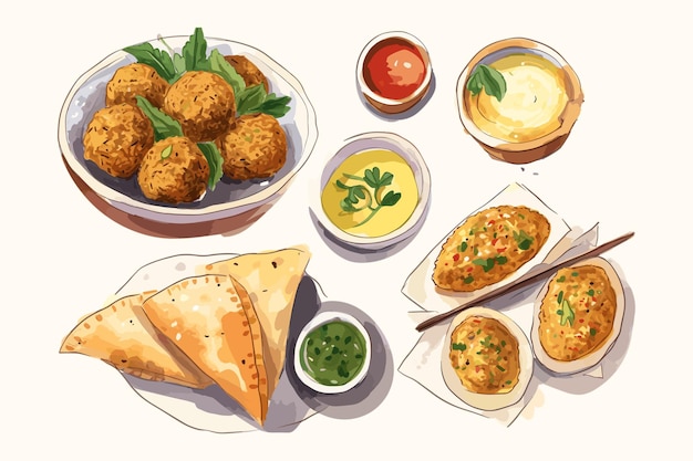 Falafel-menü mit gemüse, handgezeichnete illustration traditioneller nahöstlicher gerichte