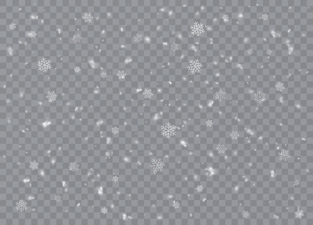 Fallen. Schneeflocken, Schneehintergrund, Schneeflocken. Weihnachtsschnee für das neue Jahr. Starker Schneefall, Schneeflocken in verschiedenen Formen und Formen. Vektor-Illustration.
