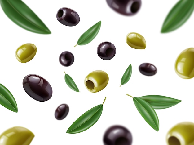 Fallende Oliven Realistische fliegende Gemüse weißer Hintergrund 3D isolierte pflanzliche Produkte grün und schwarz mit Blättern mediterranes natürliches Essen botanisches Hintergrund utter Vektorkonzept