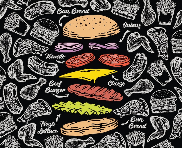 Fallender Burger auf Tafelhintergrund