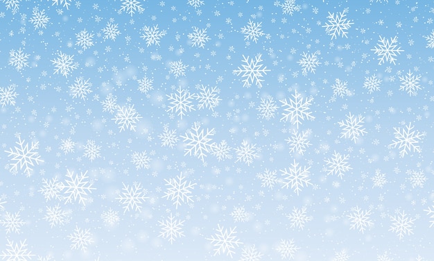 Fallender Schnee mit Schneeflocken. Winterblauer Himmel. Weihnachtsbeschaffenheit. Funkelnder Schneehintergrund.