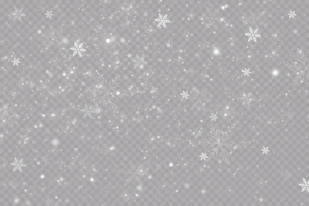 Fallender Schnee. Weihnachtshintergrund. Schneesturm. Transparenter Hintergrund. Lichteffekt