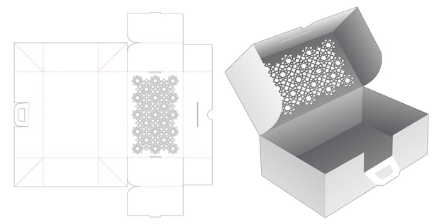 Faltschachtel aus karton mit schablonenmuster, gestanzte vorlage und 3d-modell