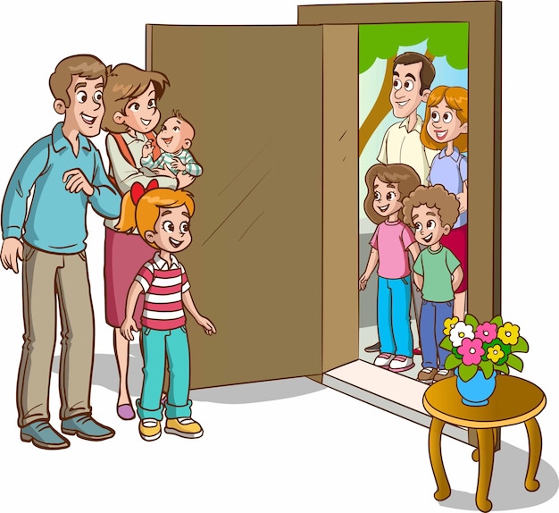 Familie begrüßt Gäste an der Tür