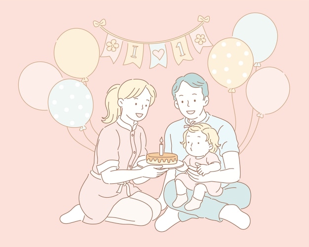 Familie, die geburtstag für baby in der linienartillustration feiert