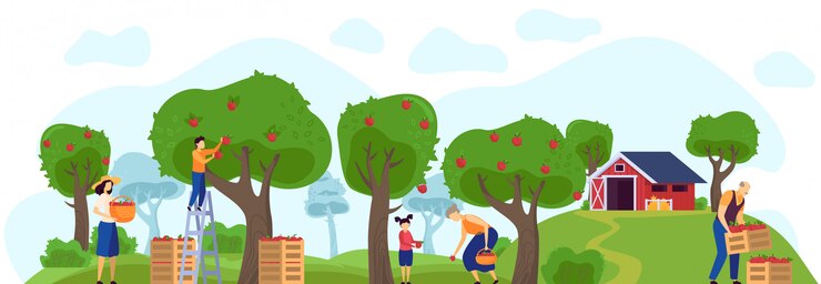 Vektor familie, die im apfelgarten zusammen arbeitet, bauernhofgartenillustration