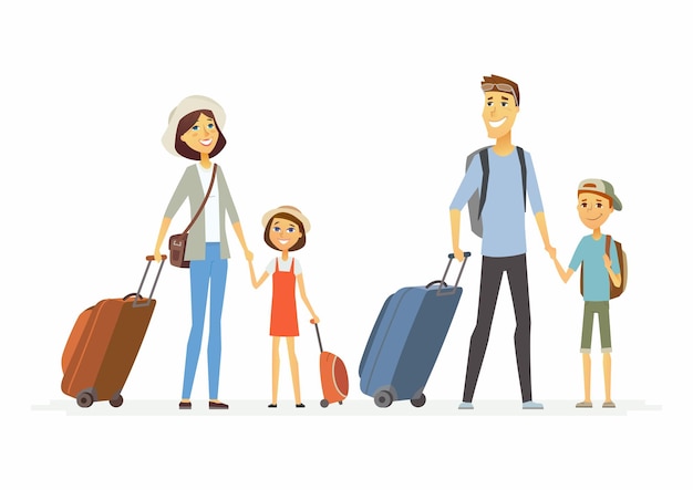 Familie im Urlaub - Zeichentrickfiguren isolierte Illustration auf weißem Hintergrund. Lächelnde Eltern und Kinder, die mit Gepäck in Freizeitkleidung stehen. Urlaub, Ruhe, Reisekonzept