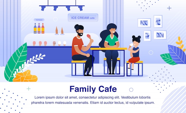 Familie in der eiscreme-café-flachen fahne