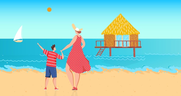 Familie in der nähe von meerwasser vektor-illustration flache frau junge charakter rest am meer mutter sohn kind im sommerurlaub blick auf stelzenhaus