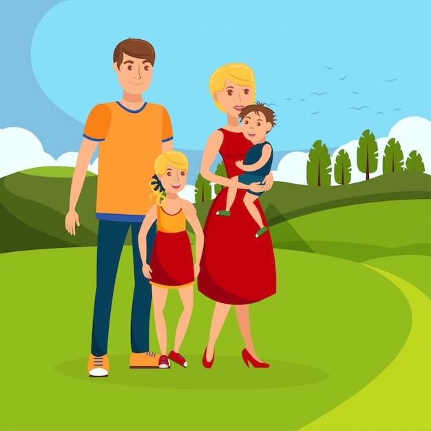 Familie in der Park-Karikatur-Vektor-flachen Illustration