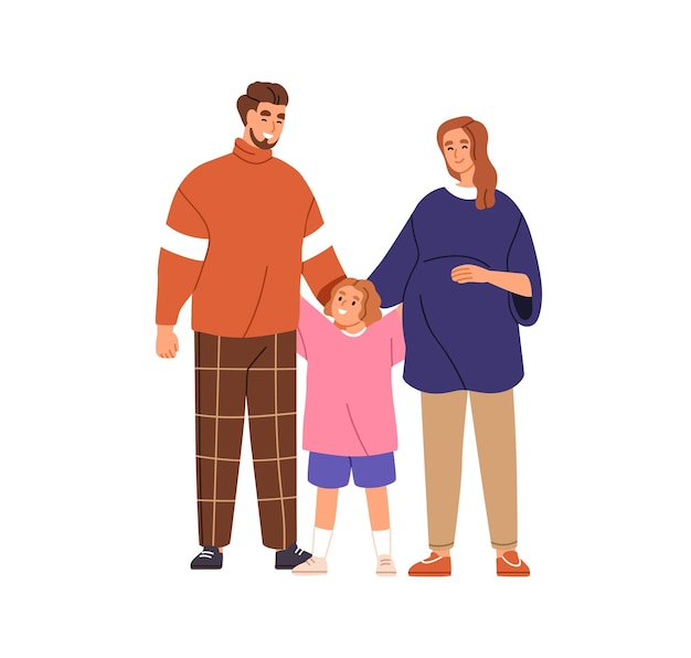 Familie mit Kind Schwangere Frau und Ehemann Glückliche Eltern Mutter Vater und Mädchen Kind umarmt Mutter Vater Partner Paar erwartet Baby Flach-Vektor-Illustration isoliert auf weißem Hintergrund