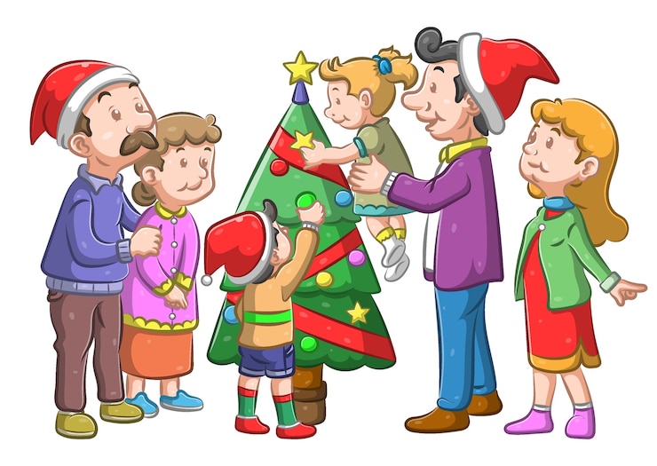 Vektor familie schmücken ihren weihnachtsbaum mit dem band und der lampe