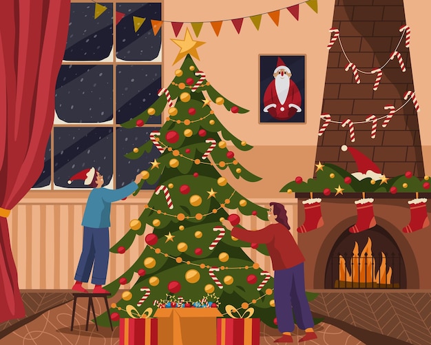 Vektor familie schmückt tannenbaum für weihnachten oder neujahr vektor-illustration winterferienabend