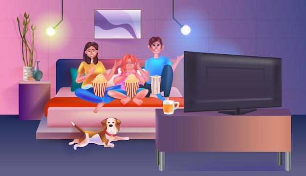 Familie sitzt auf der couch vor dem fernseher und isst popcorn, glückliche eltern und tochter verbringen zeit miteinander