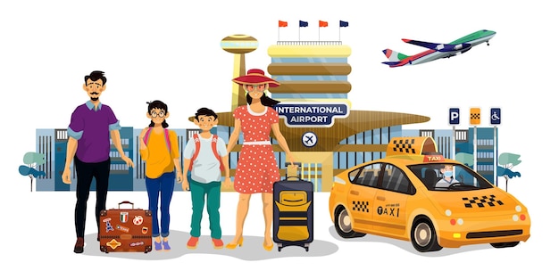 Familie, Vater, Mutter und ihre Kinder, Bruder und Schwester, kamen oder fuhren mit dem Taxi zum Flughafen