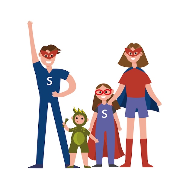 Familie von superhelden-zeichentrickfiguren, eltern mit ihren kindern in kostümen von superhelden, die spaß haben, vektor-illustration isoliert auf weißem hintergrund