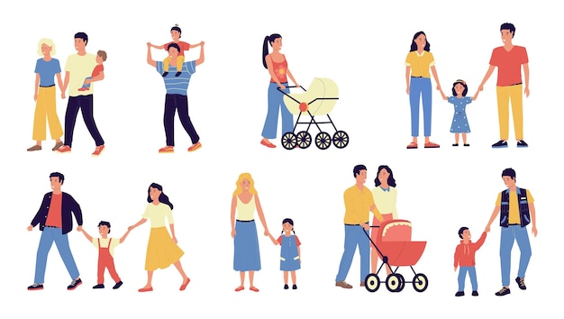 Familien Eltern und Kinder, die zusammen spazieren gehen Mütter halten Kinder an den Händen Väter tragen Kleinkinder in Kinderwagen Paare verbringen Zeit mit Söhnen oder Töchtern Vektorsüße Szenen festgelegt