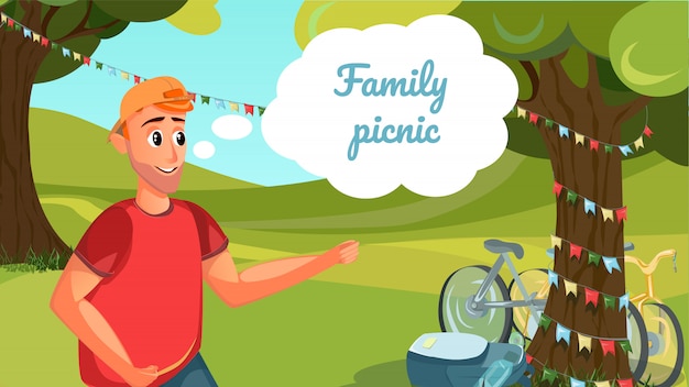Familien-picknick-fahnen-karikatur-mann-landschafts-baum