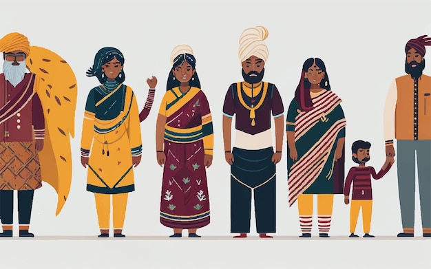 Familien- und sozialkonzept gruppe indischer menschen, die in verschiedenen traditionellen kleidungsstücken auf weißem hintergrund im flachen stil zusammen stehen vektorillustration