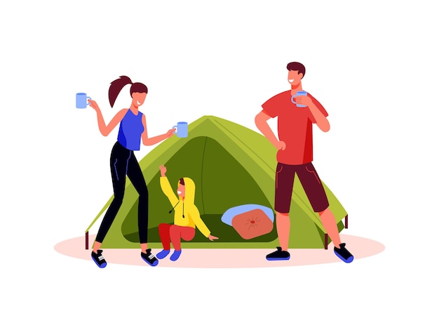 Familienaktivurlaubskomposition mit Bild des Zeltes mit Eltern und Kind