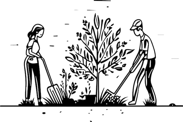 Vektor familienarbeiten vektor silhouette gartenarbeit, bepflanzung und gartenreinigung.