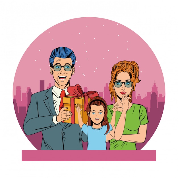 Familienavatar mit geschenkbox-pop-art