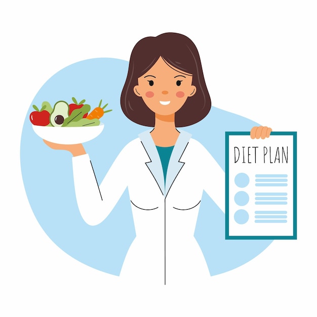 Familienernährungsberater glücklicher arzt gesunde ernährung und diätplan vektorcharakter im flachen stil