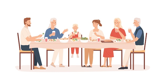 Vektor familienessen. großeltern, eltern und kinder, die am feiertagstisch sitzen, glückliche leute, die köstliches essen essen, vektorkonzept. illustrationsmutter und vater mit großer familie essen zu abend