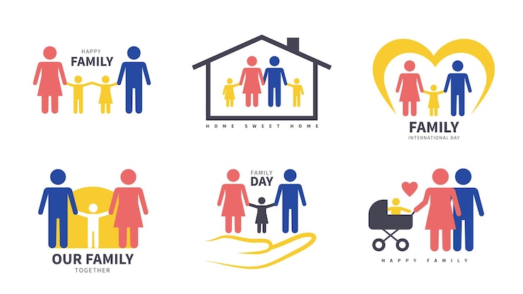 Vektor familienetiketten, glückliche mutter, vater und kinder, embleme, kinder mit eltern, farbschilder, mama und papa tragen kleinkind, kinderwagen, liebe, lebensstil, soziale menschen, beziehungen, vektor, isolierte silhouetten