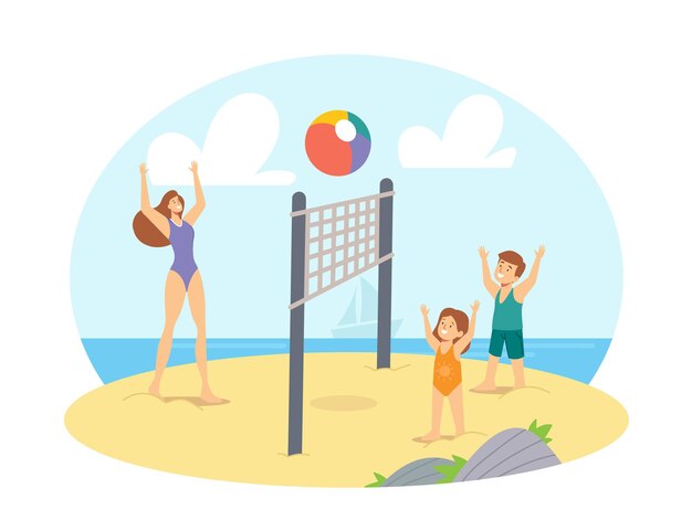 Familienfreizeit, urlaub. mutter und kinder spielen beachvolleyball am meer. happy characters sommerwettbewerb, spiel und erholung am ocean shore. cartoon-menschen-vektor-illustration