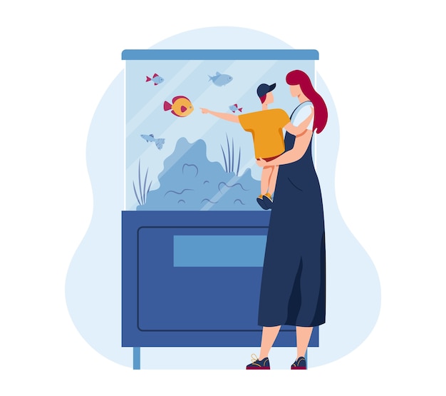 Vektor familienhaustier im karikaturaquarium, illustration. meerestier im wasser, aquatischer goldfisch und tropischer ozeanfischunterwasserhintergrund. mutter, kind charakter schauen durch glas, junge wählen haustier.