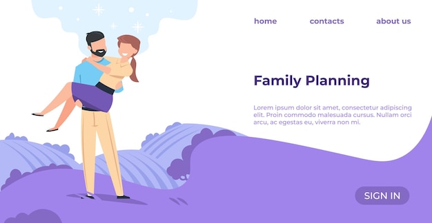 Familienplanung landing page cartoon glückliches paar mann hält frau website-schnittstelle mit text und schaltflächen online-informationsdienst für zukünftige eltern vektor-web-mockup-design