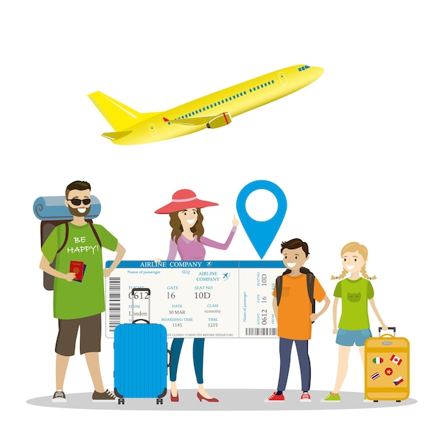 Familienreisende mit Gepäck und großer Bordkarte, lustiger Urlaub, gelber Flugzeug-Startvektor