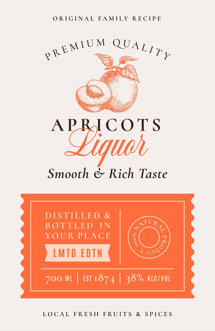 Vektor familienrezept aprikosenlikör acohol label. abstraktes vektor-verpackungs-design-layout. moderne typografie-fahne mit hand gezeichnetem frucht-silhouette-logo und -hintergrund. isoliert.