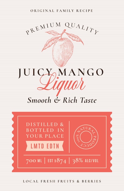 Familienrezept juicy mango liquor acohol label abstract vector packaging design layout modernes typografie-banner mit handgezeichneter mango mit blättern silhouette logo und hintergrund