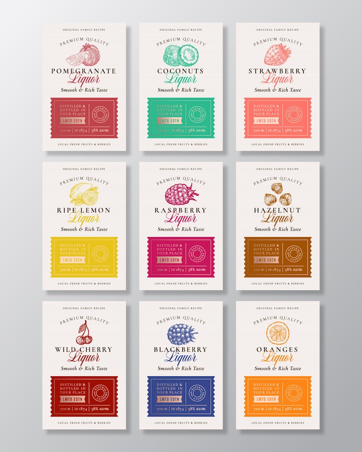 Vektor familienrezept obst, beeren und nüsse liquor acohol labels collection.
