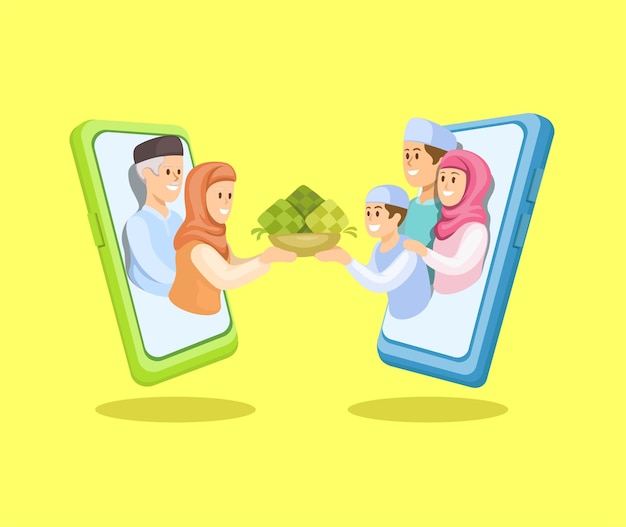 Familientreffengruß im ramadan auf smartphone 3d-lehmkarikatur-illustrationsvektor