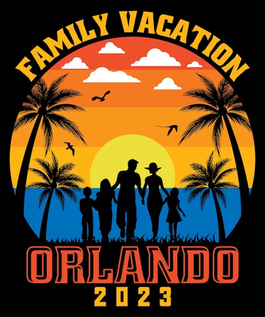 Vektor familienurlaub orlando strand palme sonnenuntergang stil retro-vintage-t-shirt-design-vektor