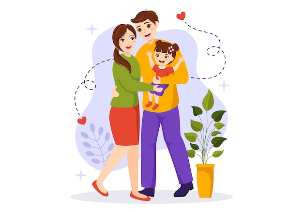 Familienwerte Illustration von Mutter, Vater und Kindern, die in Liebe und Glück Seite an Seite stehen