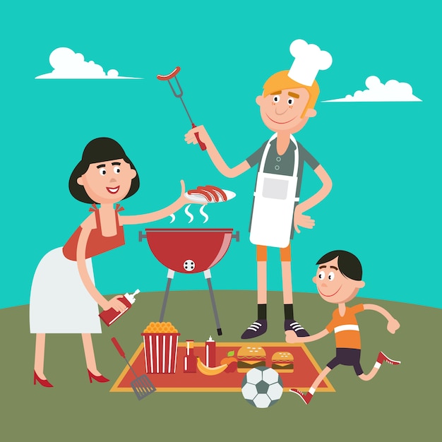 Familienwochenende. glückliche familie, die grill auf picknick tut. vektor-illustration