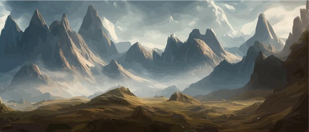 Vektor fantasie epische magische berglandschaft mystisches wintertal tal panoramablick auf große berge