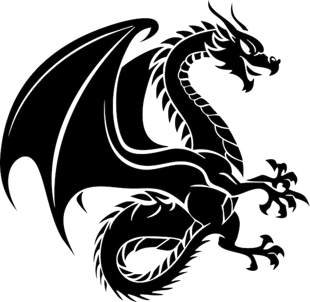 Vektor fantasie-schwarzer drachen-silhouette-cartoon auf weißem hintergrund-vektor-design