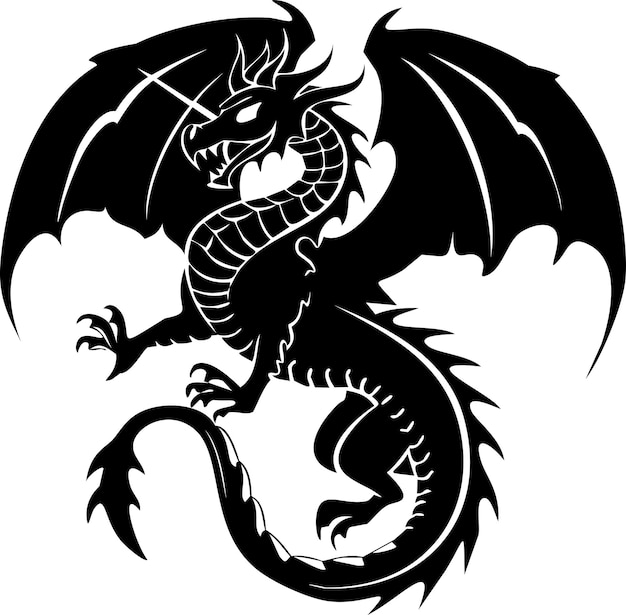 Fantasie-schwarzer drachen-silhouette-cartoon auf weißem hintergrund-vektor-design