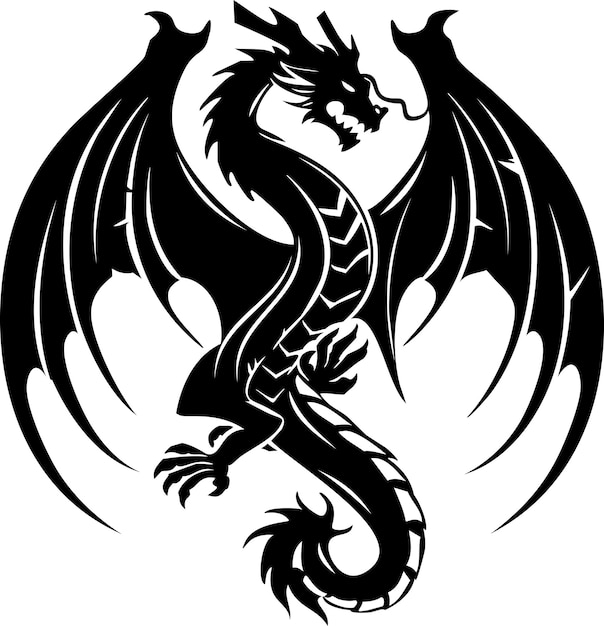 Vektor fantasie-schwarzer drachen-silhouette-cartoon auf weißem hintergrund-vektor-design