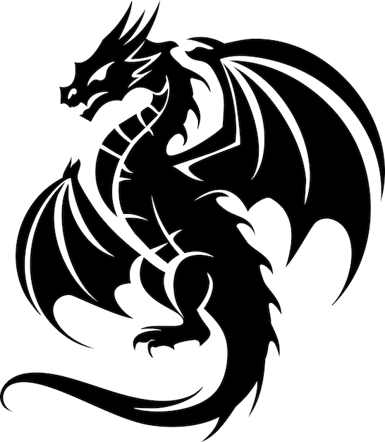 Fantasie-schwarzer drachen-silhouette-cartoon auf weißem hintergrund-vektor-design