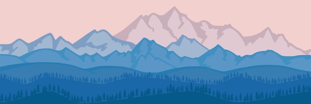 Vektor fantasie zum thema des morgendlichen landschaftssonnenaufgangs in den bergen mit panoramablick