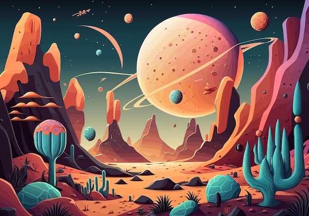 Vektor fantasieillustration einer unbekannten planetengalaxie generative ki leuchtende farben ein anderer planet himmel abstraktion außerirdische ungewöhnliche lebende organismen konzeptkunst fantasiekonzept vektorillustration